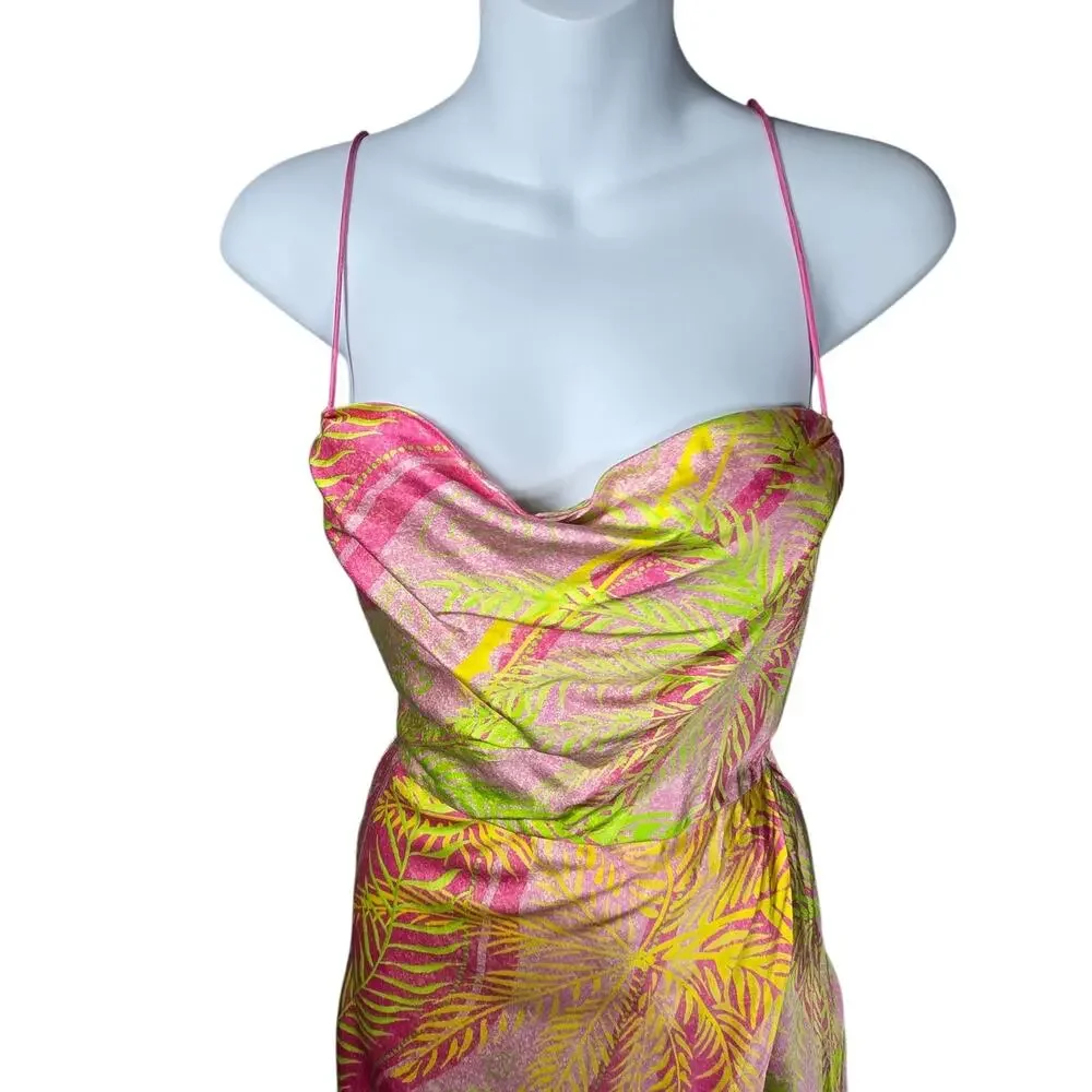 Retrofete Ariella Tropical Palm Silk Mini Dress Pink XS Cowl Neck Slip Resort
